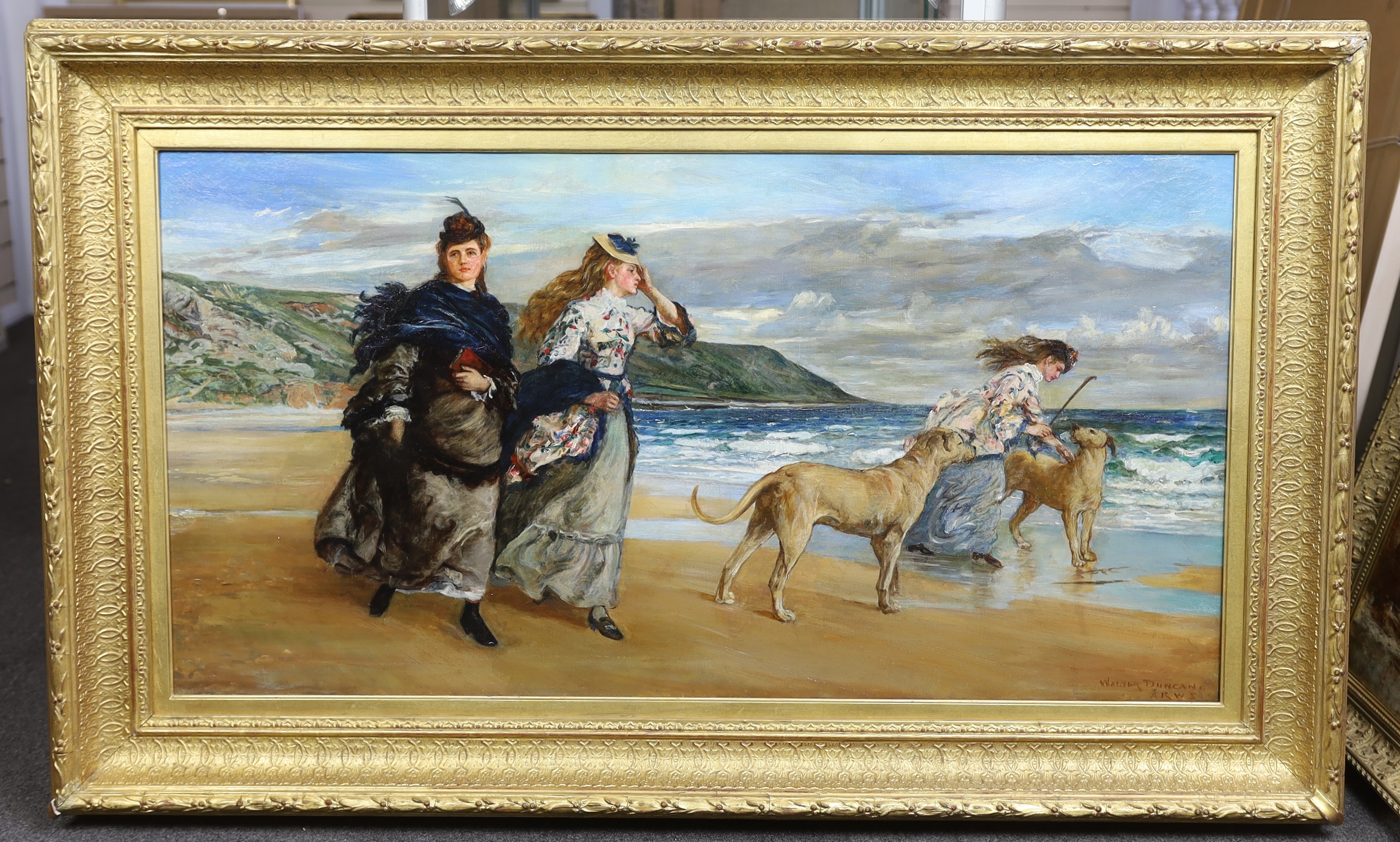 Walter Duncan (English, 1848-1932), 'The Morning Walk', oil on canvas, 55 x 106cm